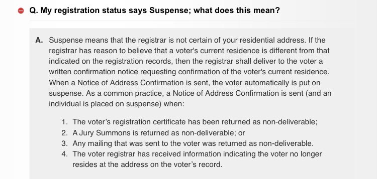 If your voter status is listed at SUSPENSE, you can still vote. You’ll need to fill out a Statement of Residence or a Limited Ballot application during early voting.