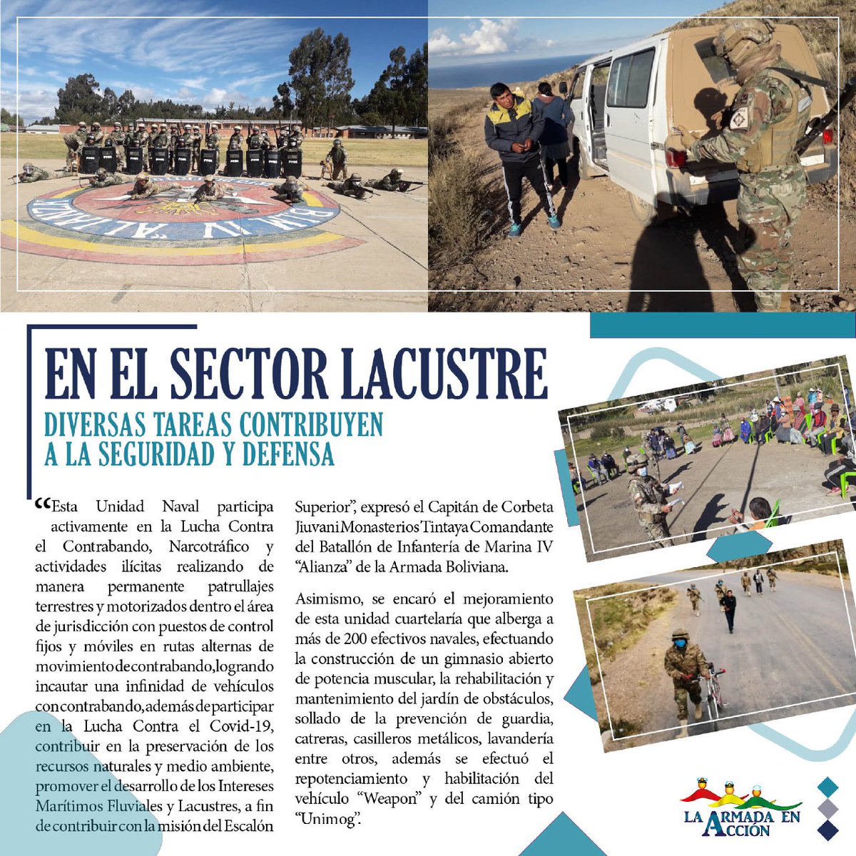 ArmadaBoliviana's tweet photo. ⚓📸📰#Chaguaya🧭🌅
🚤🇧🇴#PatrullandoFronteras🚧
Chaguaya se encuentra en el municipio de “Carabuco” a orillas del Lago Mayor Titicaca zona fronteriza que limita con el Perú donde tiene asiento el Batallón de Infantería de Marina IV “Alianza” de la @ArmadaBoliviana
🔱#ReporteNaval https://t.co/8fSp5YiNTD