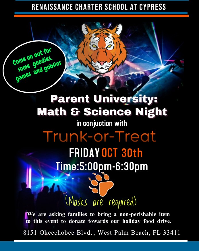 Our Math &amp; Science Parent University/Trunk-or-Treat is happening tomorrow evening from 5pm-6:30pm. There will be tons of candy, games, raffles and lots of fun. We hope to see you there. (See flyer for more information)  #CSUSAproud #tigergreat