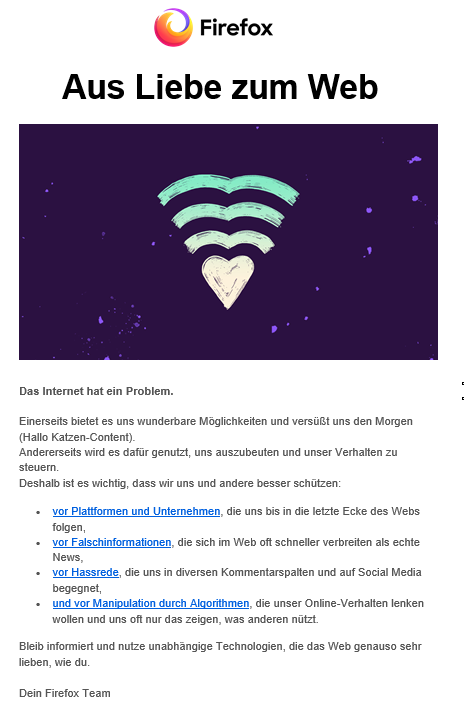 Nette Mail von Mozilla / Firefox. Ok, will hier keine Grundsatzdiskussion starten. Aber überlegt mal selbst, ob Google Chrome die erste Wahl ist. <a href="/mozilla/">Mozilla</a> @firefox_DE