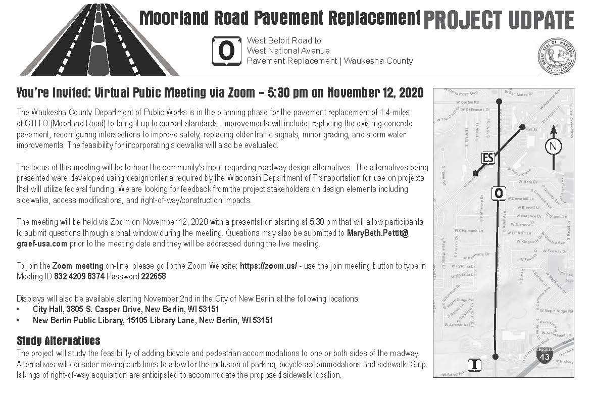 MOORLAND ROAD PAVEMENT REPLACEMENT - PROJECT UPDATE

A virtual Public Meeting will be held via Zoom on November 12th at 5:30pm. Exhibits will be displayed at City Hall and the Library for residents to review.