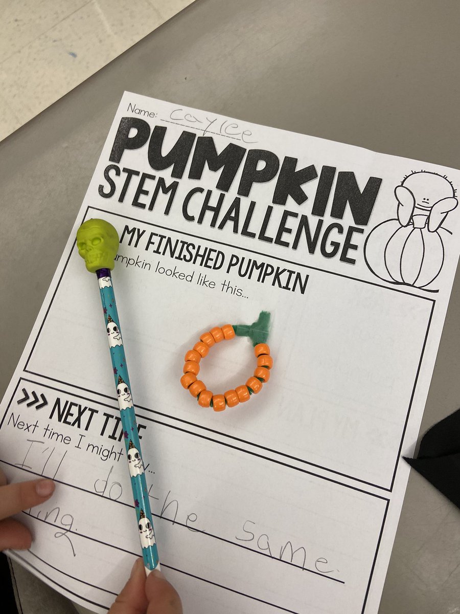 Ss listened to Spookley the Square Pumpkin. Then, they became innovative thinkers when they were only given a pipe cleaner and beads to make a pumpkin 🎃 #rvilleproud