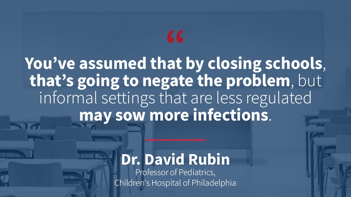 Dr. David Rubin, a pediatrician and infectious disease expert at  @Penn, told the  @NYTimes that weighed against the substantial harms to children and parents from keeping schools closed, elementary schools should at least offer in-person learning.  https://www.nytimes.com/2020/10/22/health/coronavirus-schools-children.html