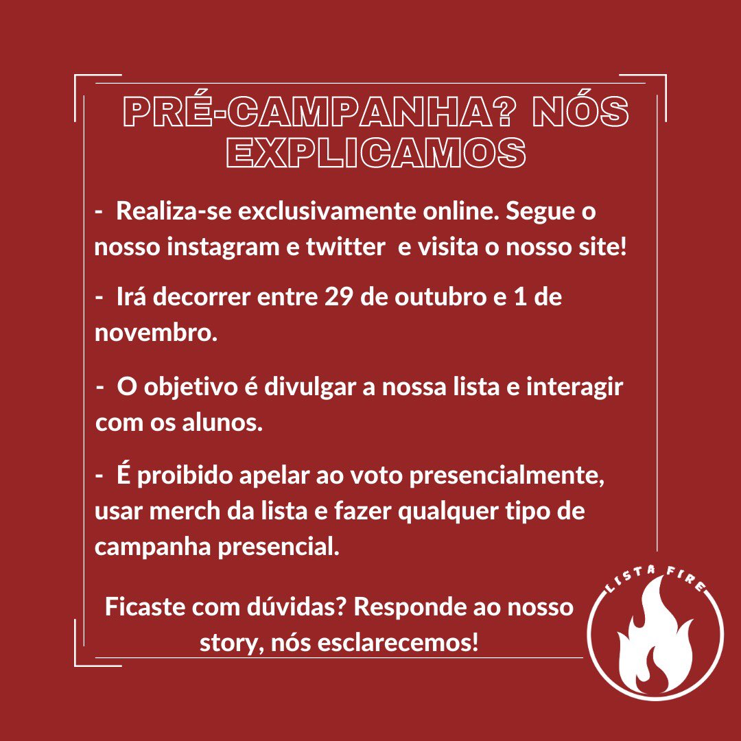 listafire_esjgf's tweet photo. Olá malta! 🐉
Deixamos aqui as informações relativas à nossa pré-campanha!
Se tiverem alguma dúvida já sabem: comentários ou dm!🔥
#VOTAFIRE #FIREnaAE
#EncontraAChama 🔥❤️ https://t.co/XbkRYdkjFp