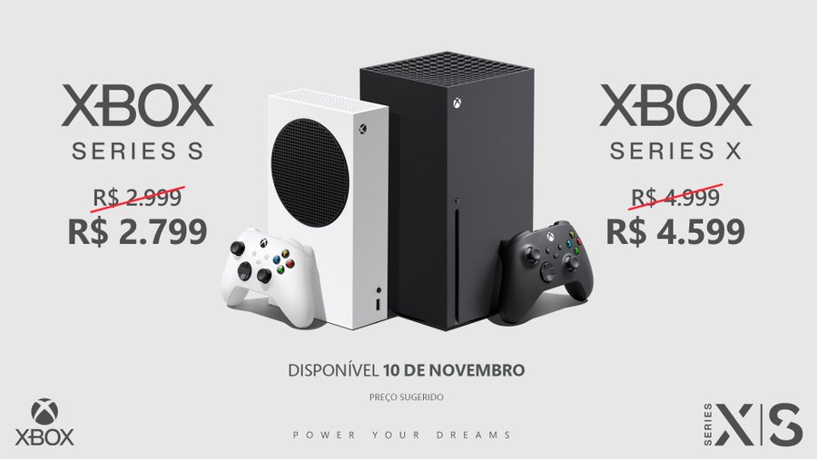 Imagem onde aparecem os consoles Xbox Series X e S com os novos valores e o texto "Disponível dia 10 de novembro"