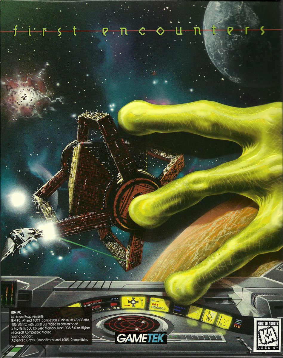 FrontierAstro's tweet photo. I love the artwork for the North American release of #FrontierFirstEncounters although it was known as First Encounters there. Big box PC games were the best! 😍 https://t.co/i4ELz46XuK