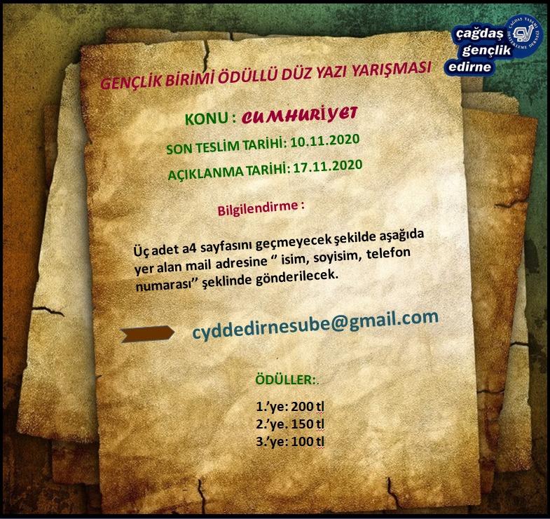 Arkadaşlar, Cumhuriyet hakkında düşünceleriniz bizim için çok değerli. Bizde düz yazı yarışması yapmaya karar verdik. Ödüllü olacak yarışmada kazanan arkadaşlarımıza afişte belirnen ödül takdim edilecektir.