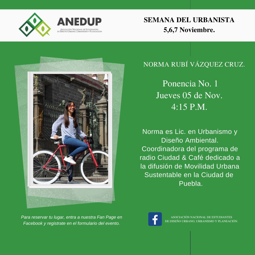 Imparte talleres de sensibilización, socialización y urbanismo táctico y actualmente es Directora de Planeación y Proyectos de la Secretaría de Movilidad del Municipio de Puebla. Te vemos el 06 de nov. en punto de las 4:00 pm para conocer lo que tiene que compartir con nosotros.