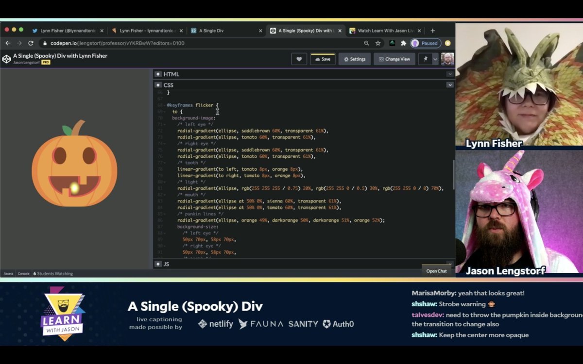 eladsc's tweet image. 📺 Must watch! One hour, one &lt;div&gt; HTML element, One #CSS Pumpkin, and One amazing @lynnandtonic !
Video:
twitch.tv/videos/7855990…
