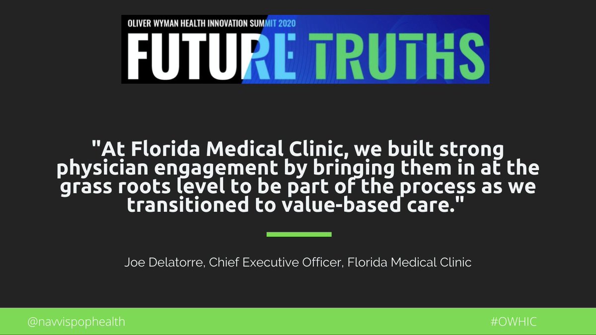 NavvisPopHealth's tweet image. Joe Delatorre, CEO at Florida Medical Clinic shared insights on FMC’s successful journey in value-based care today at the @OliverWyman Health Innovation Summit. 

#owhic #valuebasedcare #physicianengagement
