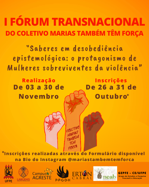 Violência institucional de gênero permeando as questões de raça, classe, religião, orientação sexual,   entre outros fazem parte da programação de evento que será realizado no sábado (31) . bit.ly/31TkAZR 
Inscrições pelo site: docs.google.com/forms/d/e/1FAI… #ufpe
