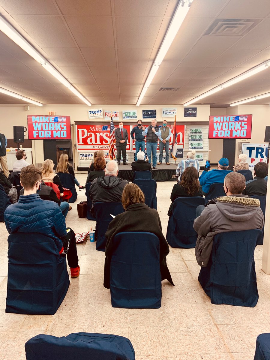 MikeLKehoe's tweet photo. One of the best crowds so far greeted us in Ozark on the @mikeparson Works Bus Tour! Christian Countians are very enthused and were happy to hear from General John Ashcroft along with @FitzpatrickMO and @JayAshcroftMO! #KeepMoRed https://t.co/cROGUUCzng