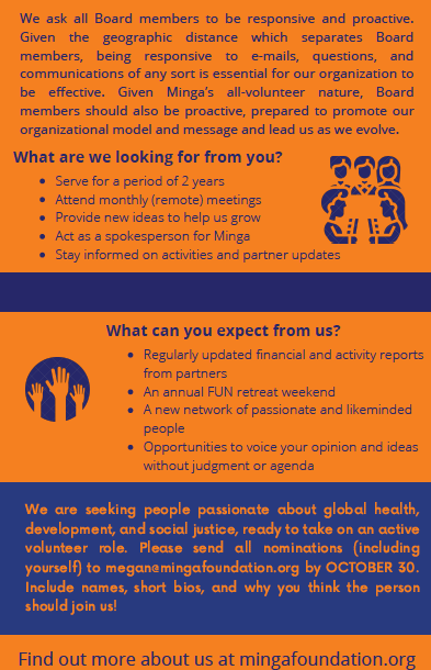 MINGAFoundation's tweet photo. Last call for interested new board members!!! We are starting interviews next week - you can find some more information about Minga below and what we are looking for. Please reach out to any of us if you have additional questions! We'd love to have you Minga with us! 🙌  🌎 https://t.co/KgC8NIe655