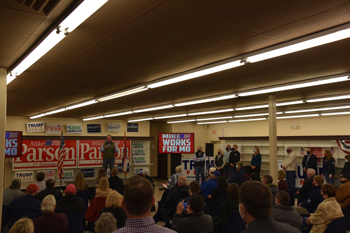 MikeLKehoe's tweet photo. One of the best crowds so far greeted us in Ozark on the @mikeparson Works Bus Tour! Christian Countians are very enthused and were happy to hear from General John Ashcroft along with @FitzpatrickMO and @JayAshcroftMO! #KeepMoRed https://t.co/cROGUUCzng