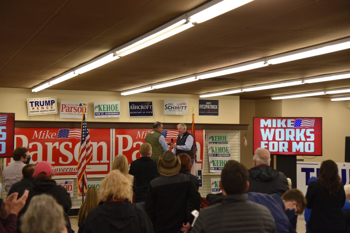 MikeLKehoe's tweet photo. One of the best crowds so far greeted us in Ozark on the @mikeparson Works Bus Tour! Christian Countians are very enthused and were happy to hear from General John Ashcroft along with @FitzpatrickMO and @JayAshcroftMO! #KeepMoRed https://t.co/cROGUUCzng