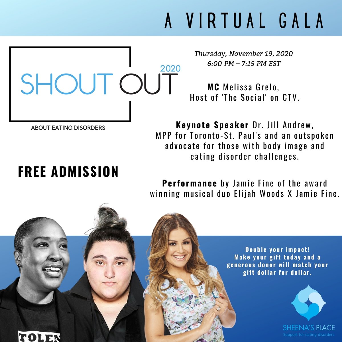 sheenasplace's tweet photo. “Shout Out About Eating Disorders!” Will be our first ever free Virtual Gala! MC'd by @melissagrelo , Featuring: participant testimony, a keynote speech by @JILLSLASTWORD  and a performance by @JamieFineMusic  and more! Click the link for more info :) https://t.co/uvhTNz3LEo https://t.co/qamUMPKNxp
