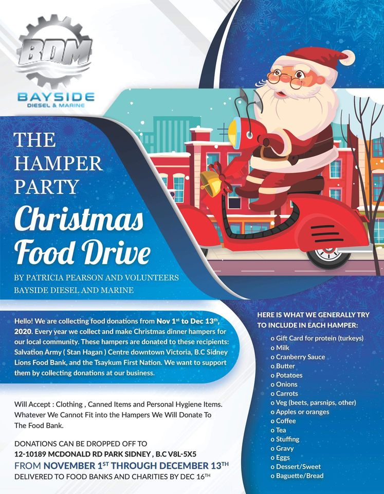 MySidneyBC's tweet image. Starting next week, the incredible team at Bayside Diesel and Marine will be collecting donations for their annual Christmas Food Drive!🎄 Donations can be dropped off at 12-10189 McDonald Park Road from November 1st through December 13th! Check out the post below to learn more.