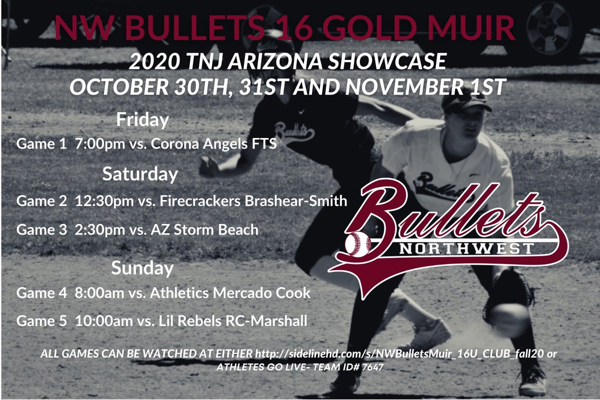 NWBulletsSB's tweet image. NW Bullets 16U Muir are headed to Scottsdale, AZ as well. Check out our schedule below and watch us on Athletes Go Live team ID#7647 or watch is live here👉 sidelinehd.com/s/NWBulletsMui… @ondecksoftball @Los_Stuff #GoBullets #NWBullets