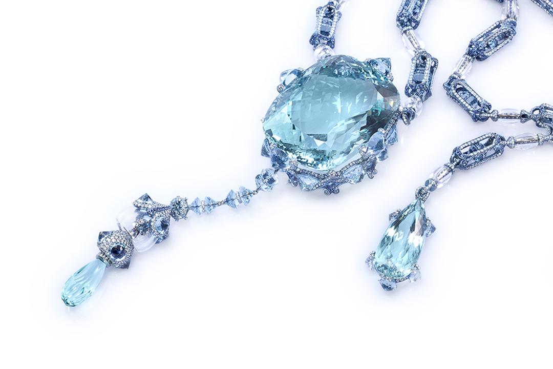 Another piece from Wallace Chan, the large stones are aquamarine but it looks like some sapphires in there too. It's a lariat necklace, I believe.