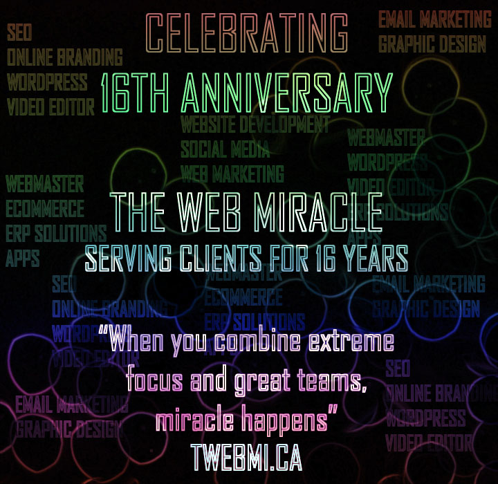 TheWebMiracle's tweet image. @TheWebMiracle #sweet16 years of @TheWebMiracle #specialoffer #OnlineMarketing #Canada #Software #OntarioMade #COVID19 #zoomcodes #Halloween #PS5  #HappyHalloween #SEO #ERP #webinar #socialmedia #Marketing #Debates2020  #SEOKJIN ☎️Call 2898004186 twebmi.ca