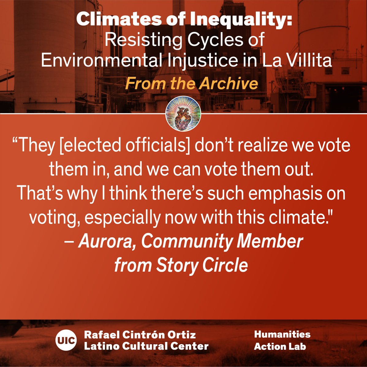 UICLCC's tweet photo. Image Credit: S. Lynn, UIC

We invite you to explore the Resisting Cycles of Environmental Injustice in La Villita story at: https://t.co/XYzOY0gMQ2

#ClimatesOfInequality
#EnvironmentalRacism
#HumanitiesActionLab https://t.co/pzUWd92WPX