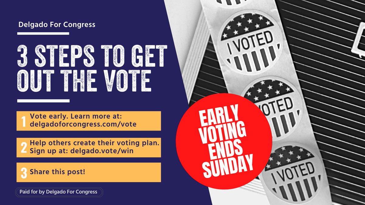 Have you voted yet? Early voting ends Sunday! Find your polling location at delgadoforcongress.com/vote

Should you have any voting questions, contact the NYDLC Statewide Voter Assistance Hotline at 855-895-2667
