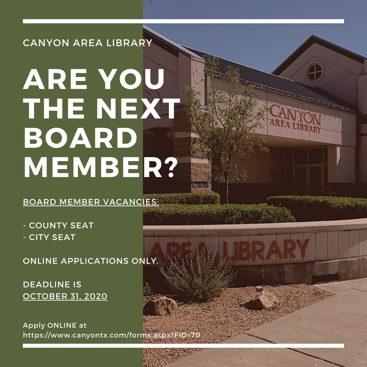 CanyonAreaLib's tweet photo. Do you want to join the Canyon Area Library Board? Now is your chance! The Canyon Area Library Board will have 2 vacancies starting Jan. 2021 (1 county seat and 1 city seat). If you are interested, apply ONLINE at https://t.co/OxGMMAvIYl 

Deadline to apply is October 31, 2020 https://t.co/6Aaxjv89Ck