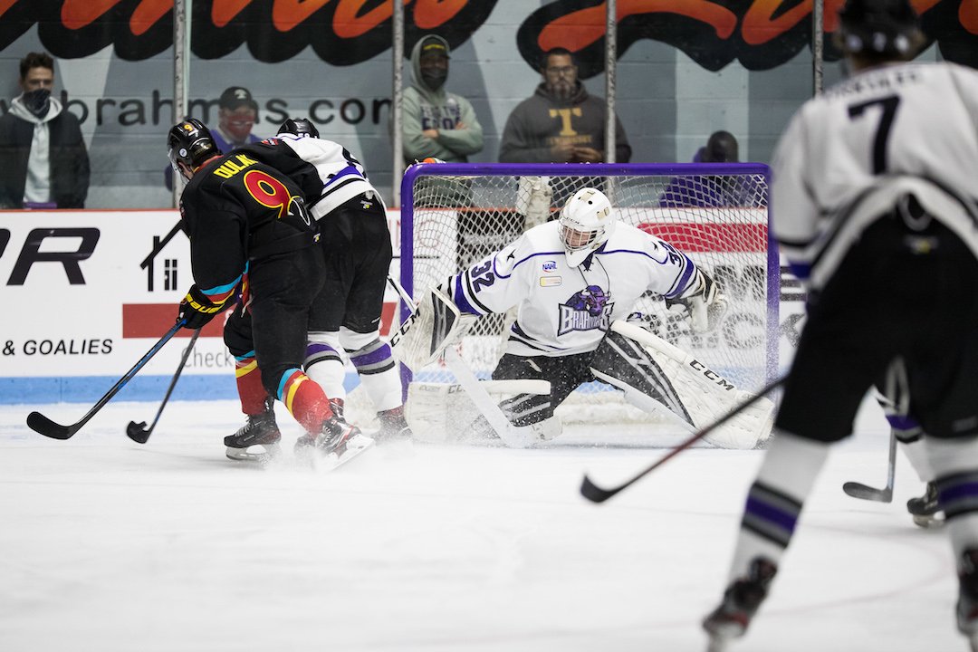 Goalie <a href="/GrahamBurke_29/">Graham Burke</a> recorded his first <a href="/NAHLHockey/">NAHL</a> win on Saturday, starting his rookie season off with a 3.17 GAA and .912 save percentage. 

#LetsGoBrahmas