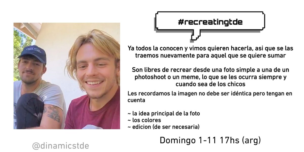 dinamicstde's tweet photo. ¡Hola! Volvemos con esta dinámica que hicimos hace un tiempo y les gustó tanto, en la imagen les dejamos la info y los detalles a tener en cuenta para recrear la foto.
Vamos a usar el ht #recreatingtde 
Esperamos que se sumen! https://t.co/YB67UMmtJO