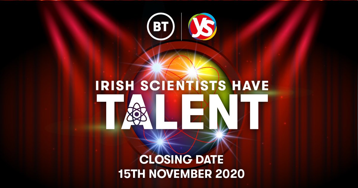 StripeYSTE's tweet photo. Are you an entertainer with an interest in science? 
BT Young Scientist &amp; Technology Exhibition are looking for YOU to enter Irish Scientists Have Talent for a chance to showcase your talent at the first ever virtual #BTYSTE in January 2021 https://t.co/kQwWGnhhuC for more #ISHT https://t.co/wy30MQsrZX