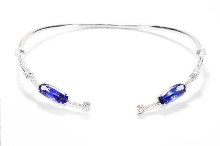 Minimalist necklace from Vartarian. Those sure look like tanzanite to me.