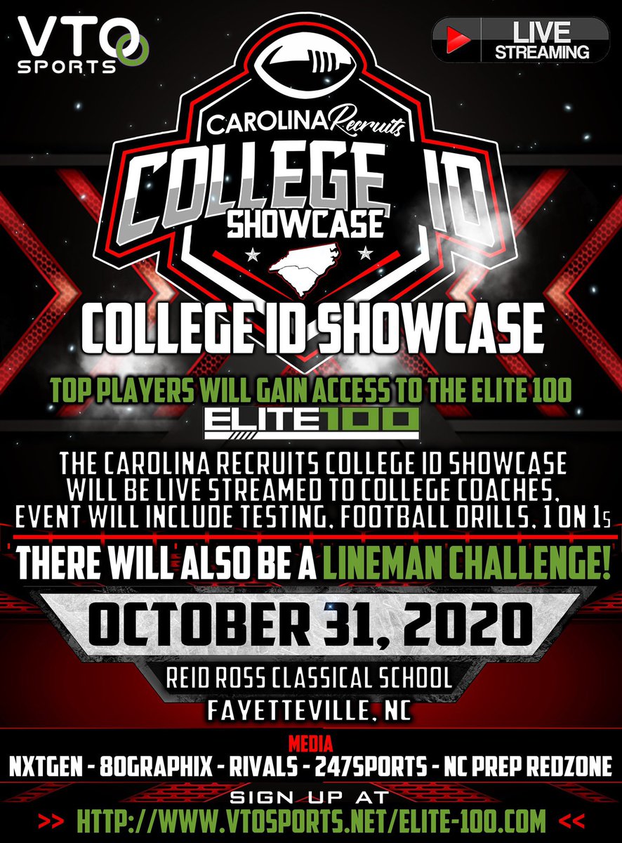 Reminder: This Saturday 10/31, we are partnering with @PrepRedzoneNC and hosting a combine in Fayetteville,NC. There are still spots open to register at: vtosports.net/elite-100.cfm Use code: E100 at checkout for a discount on your registration.