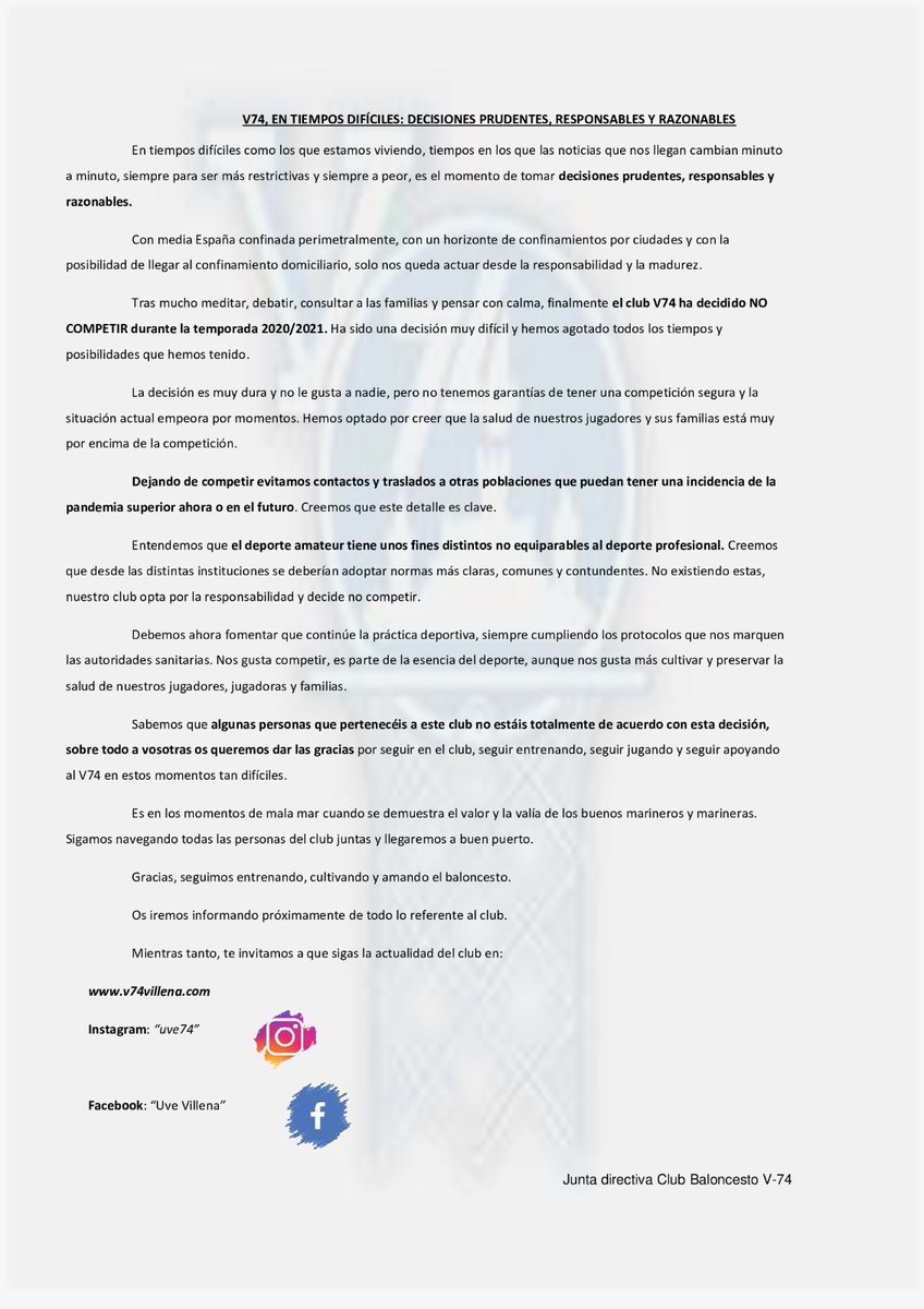 V74Villena's tweet photo. COMUNICADO OFICIAL https://t.co/nzL9t9HgVA