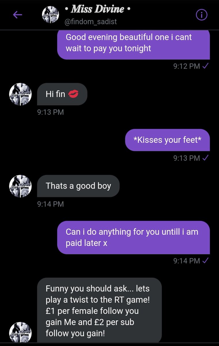 FeetAndFinance's tweet photo. Mistress has set me a challenge. For every follow she receives i pay her £1 per Domme / Dom and £2 per sub/slave/vanilla muggle. She is on 601 followers and i have until i am paid at midnight.
PLease Follow @findom_sadist and make me pay 
#finslave #findom https://t.co/OC0XRgHlOy