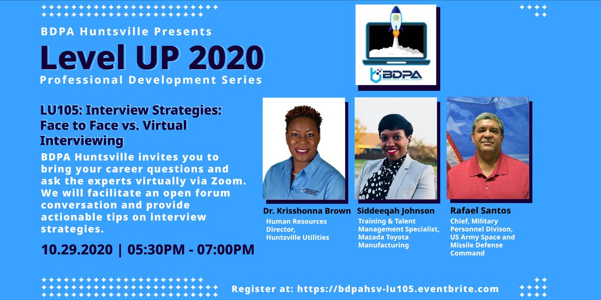 Today at 5:30pm central BDPA Huntsville invites you to bring your career questions to the experts in an open forum on Interview Strategies Face to Face vs Virtual.

Click the link below or copy and paste it in your favorite browser. 

ow.ly/y7uR30rhCIi