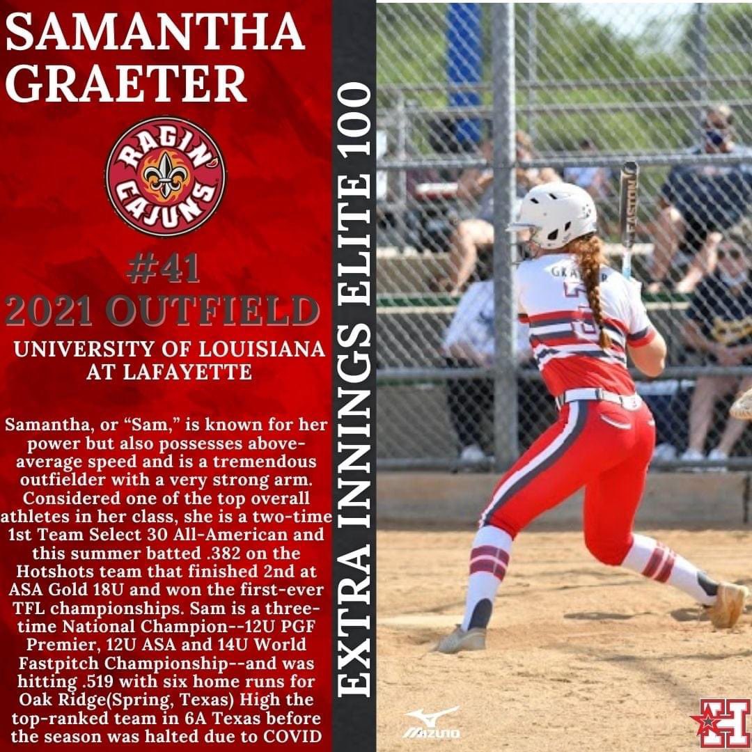 Congrats to Hotshots Premier player and UL commit, <a href="/samanthagraeter/">Samantha</a> on being named to the 2021 Extra Innings Elite 100!! #bangbang