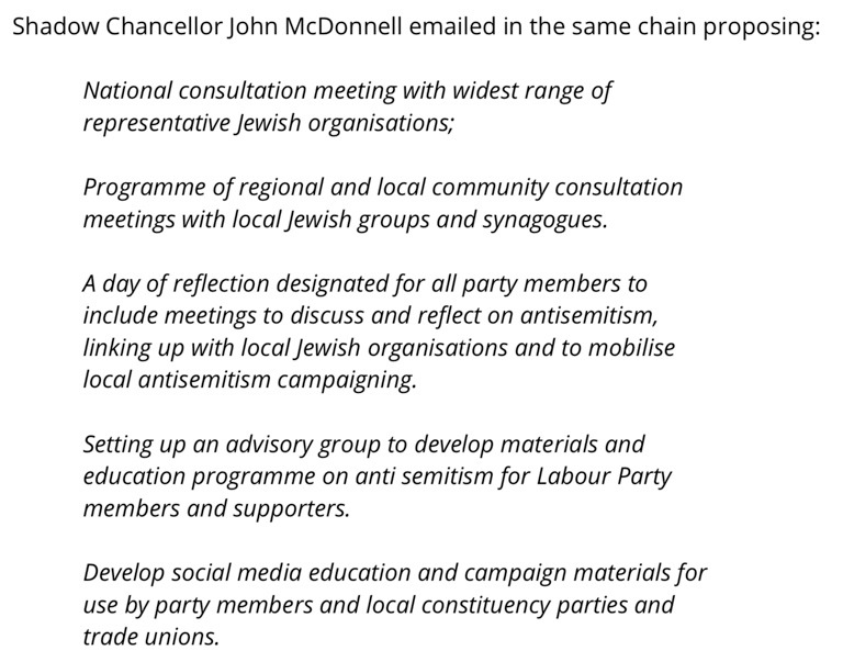 16. Corbyn did an interview with Jewish News in which he said he’d asked new General Secretary Jennie Formby to make tackling antisemitism her first priority. April 2018:  #LabourLeaks include Corbyn and John McDonnell emails outlining proposals to tackle antisemitism.
