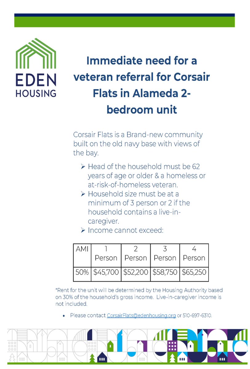 Eden Housing (@edenhousing) on Twitter photo Corsair Flats, Eden's newest community in <a href="/CityofAlameda/">City of Alameda</a>, has an opening!
Head of household must be 62 years of age or older & a #veteran at risk of, or experiencing, #homelessness. See below for income limits and more info. Corsair Flats, Eden's newest community in <a href="/CityofAlameda/">City of Alameda</a>, has an opening!
Head of household must be 62 years of age or older & a #veteran at risk of, or experiencing, #homelessness. See below for income limits and more info.