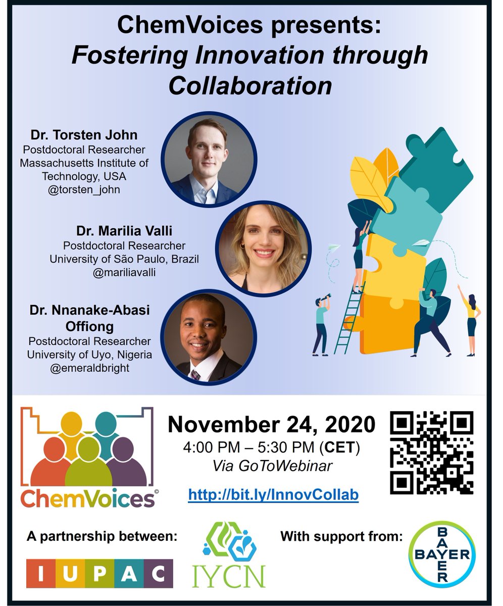 Join <a href="/IntlYoungerChem/">International Younger Chemists Network (IYCN)</a> and <a href="/IUPAC/">IUPAC</a> for the 3rd #ChemVoices webinar with <a href="/torsten_john/">Torsten John</a>, <a href="/mariliavalli/">Marilia Valli</a> and <a href="/emeraldbright/">Nnanake-Abasi Offiong, PhD</a> discussing the importance of #collaboration in pursuing #innovation this Nov 24, 4 pm CET, Register here: bit.ly/InnovCollab 
Share and re-tweet!