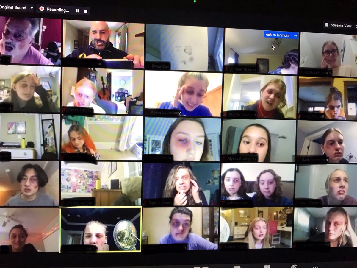 Ss in Theatre Workshop learning the art of applying stage makeup... our zoom screens double as mirrors as we give tutorials for making those pre-Halloween black eyes and bruises ! #d128daring