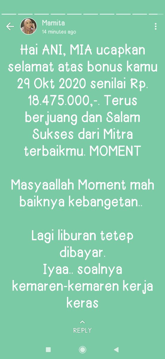 18.475.000 Bonus Moment bu Ani dalam sehari. 
Alhamdulillah, bisnis Moment bikin sehat, awet muda n gendutin rekening banget. 😍😍