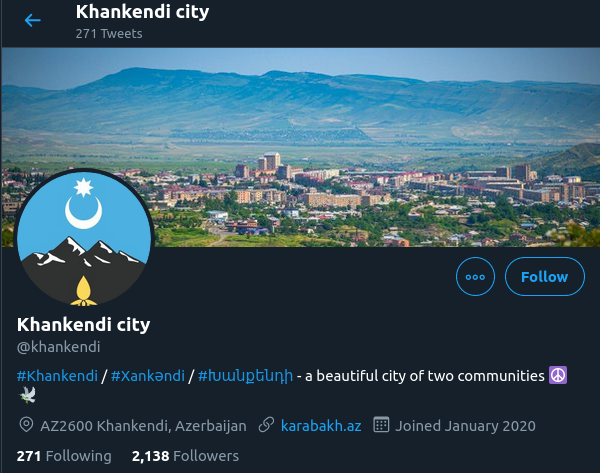 And in January 2020, a Twitter account for it was created, called  @khankendi. Since then, the account has published 271 tweets. It seeks to give the impression of inclusiveness by using Armenian occasionally. But judged by its content it is an instrument of propaganda. /4