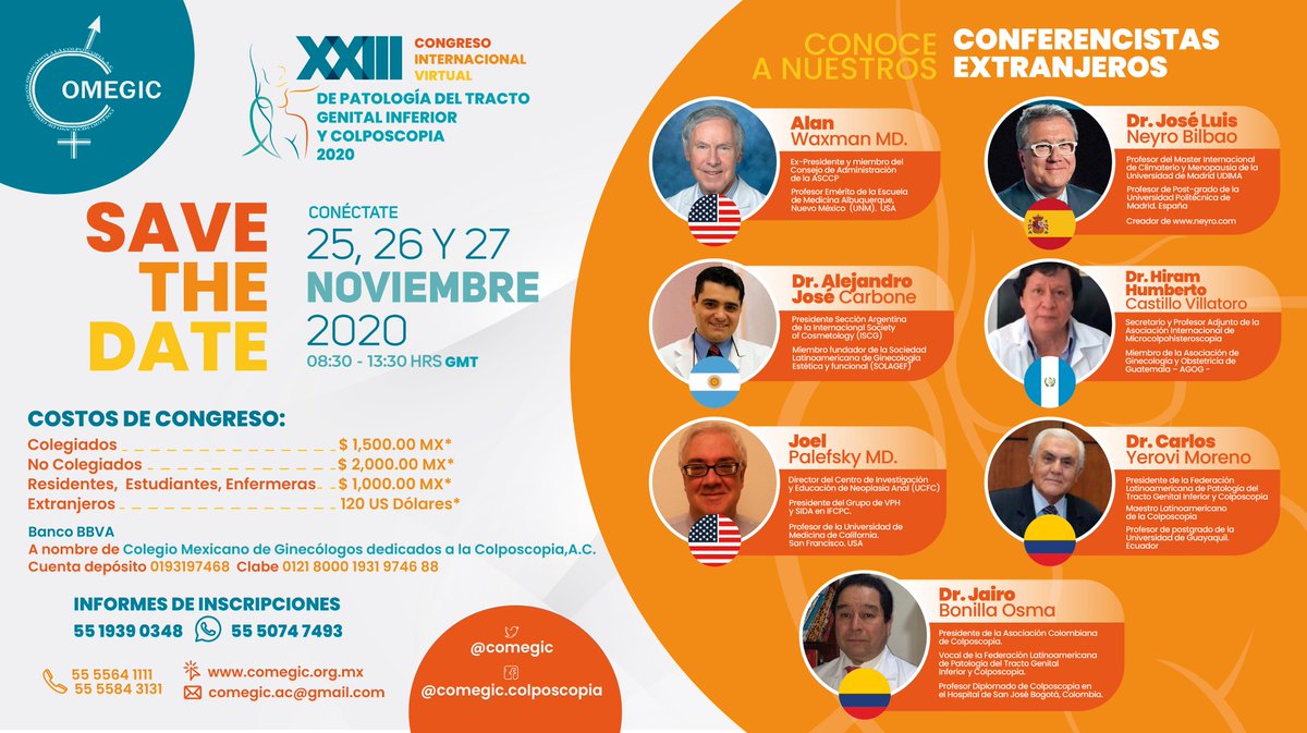 En este XXIII Congreso Internacional Virtual de Patología ,del Tracto Genital Inferior y Colposcopia, participan Profesores Extranjeros, Conócelos!!! Participa y vive una experiencia nueva!!!