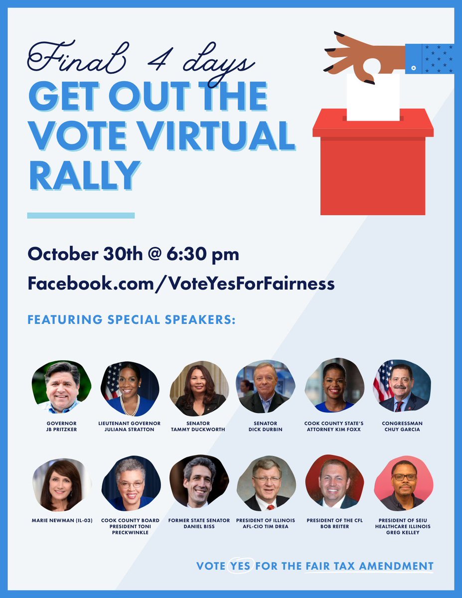 JulianaStratton's tweet photo. What do we want?

🗣 A Fair Tax!!

When do we want it?

🗣 Now!!

Join us tomorrow for the “Get Out the Vote Rally” and let’s bring it home, Illinois! #FairTaxNow #GOTV 
https://t.co/ONURqRYYzb https://t.co/sznFDNfI2U
