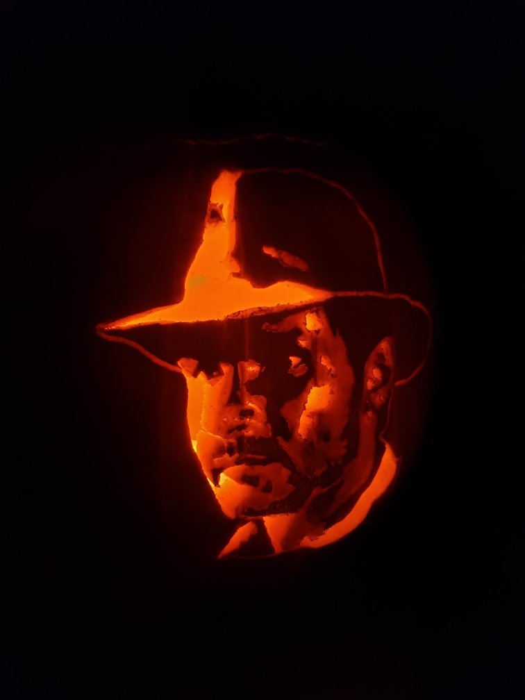 Indiana Jones pumpkin for Halloween created by Jon <a href="/harrisonfordLA/">Harrison Ford</a>