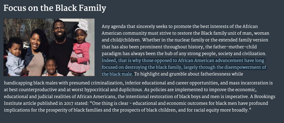 I'm all for strong Black family units — our families hold us down — but still restricting it to "the father-mother-child paradigm" leaves out SO MANY Black families. Also, mentioning Black men, but not talking about how Black women are also impacted is a whole problem.