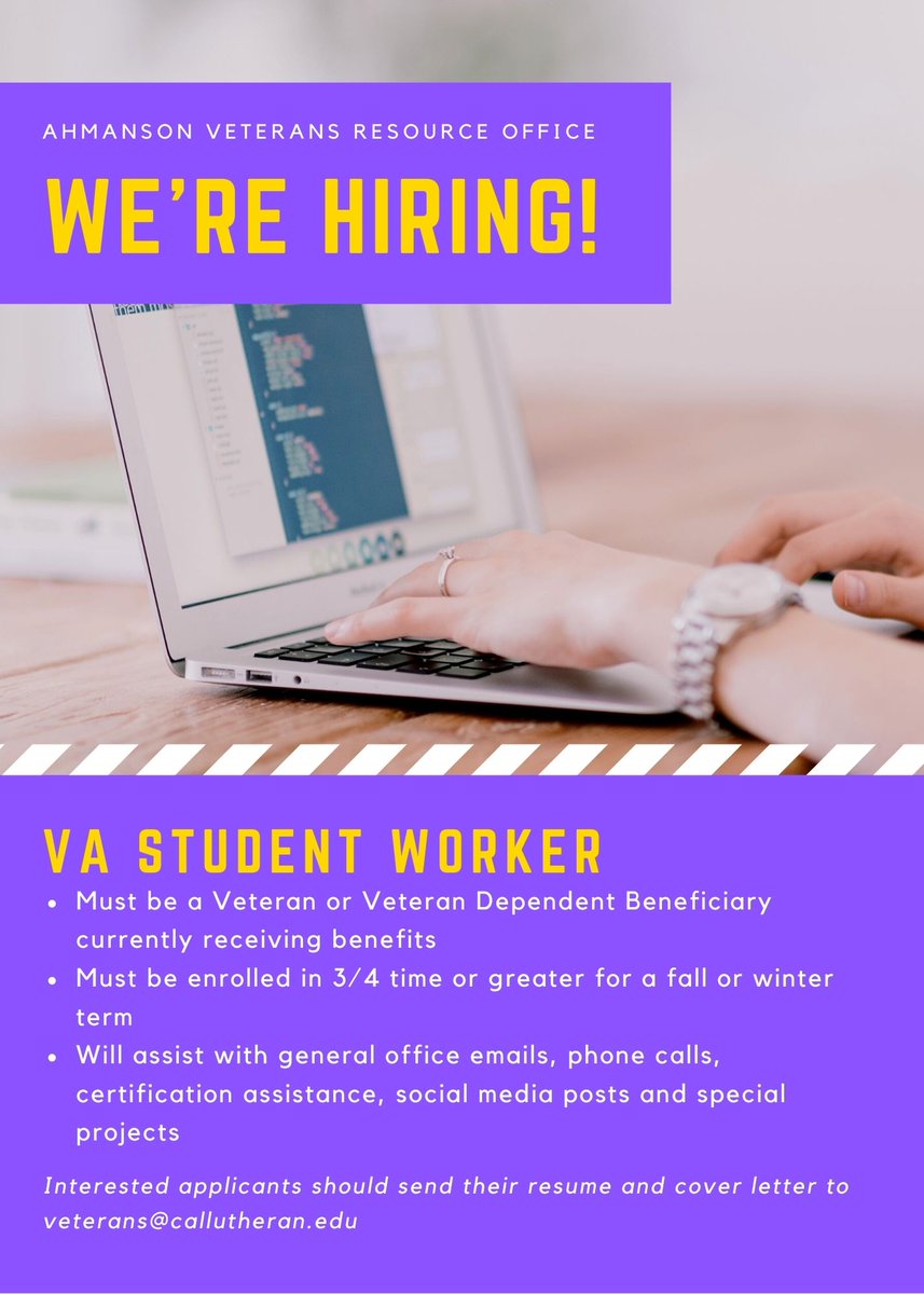 clu_veterans's tweet photo. Cal Lutheran's Ahmanson Veteran Resource Office is hiring! We are looking for current students who are Veterans or Veteran dependent benefit recipients who want to work with and help our Veteran community. Email us at veterans@callutheran.edu for questions or to apply! https://t.co/fjCwrLFAZN