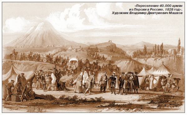 The painting by Moshkov depicting the migration of 40,000 Armenians from Persia to Azerbaijani territories in 1828 following the Treaty of Turkmenchay.