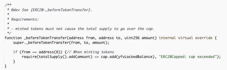 All mint command that make TotalSupply (beside yfv locked) > 2.37M will be reverted. This is coded in the  $VALUE contract.(8/10)