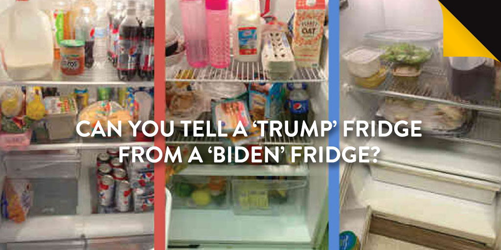 MartinLindstrom's tweet photo. Small data in action inside Trump and Biden voters's fridges. What does a fridge tell about the voter.    @nytimesbusiness for picking up on the concept of Small Data
https://t.co/IcIcOU1fxT 

#funny #bestoftheday #smalldata #martinlindstrom #ministryofcommonsense https://t.co/WdibbRciTV